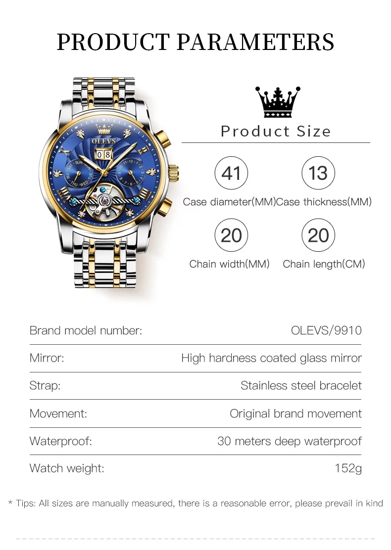 OLEVS Watch for Men Automatic Skeleton Tourbillon Mechanical Self Winding Business Luxury Dual Calendar Stainless Steel Luminous Waterproof Man Wrist