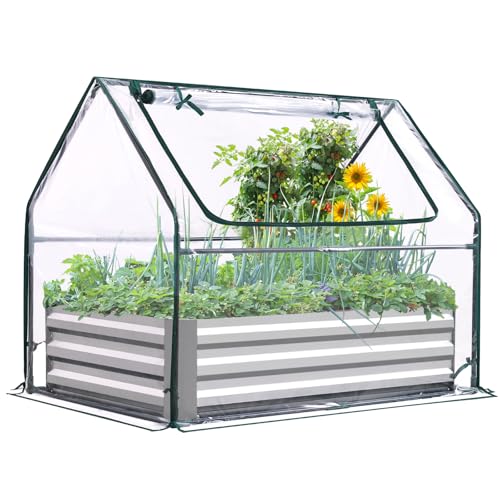 Quictent Raised Garden Bed Galvanized Raised Beds for Gardening Vegetables with Cover 8x4x1 ft Metal Planter Box Outdoor Use (Clear)