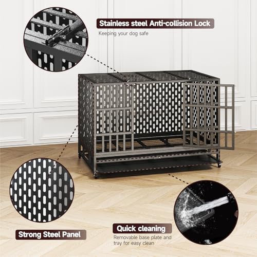 48/42 Inch Heavy Duty Indestructible Dog Crate Steel Escape Proof, Indoor Double Door High Anxiety Cage, Kennel with Wheels, Removable Tray