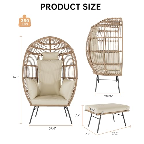Oversized Wicker Egg Chair with Ottoman, Patio Lounge Chairs with Thick Cushion, Rattan Egg Basket with Steel Frame for Indoor/Outdoor, Porch