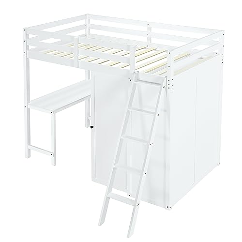 Harper & Bright Designs Full Size Loft Bed with Wardrobe and Desk, Solid Wood Loft Bed Frame with Storage, for Kids Teens Adults (Full Size, White)