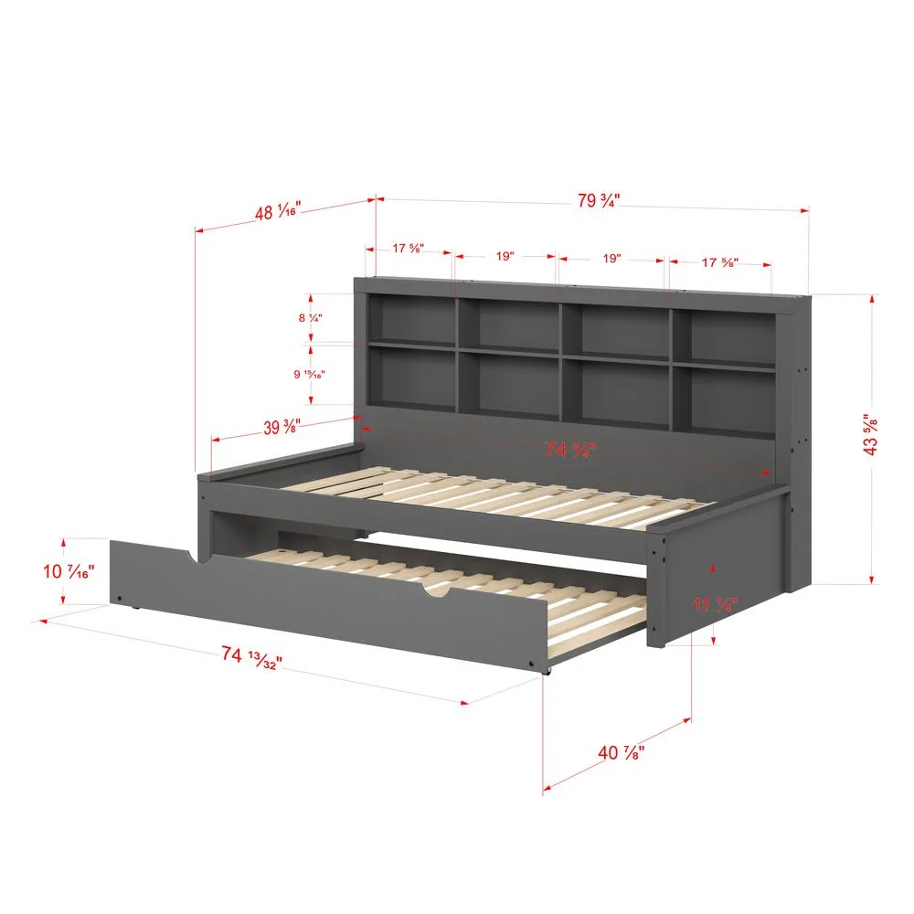 Twin Bookcase Day Bed in Dark Grey
