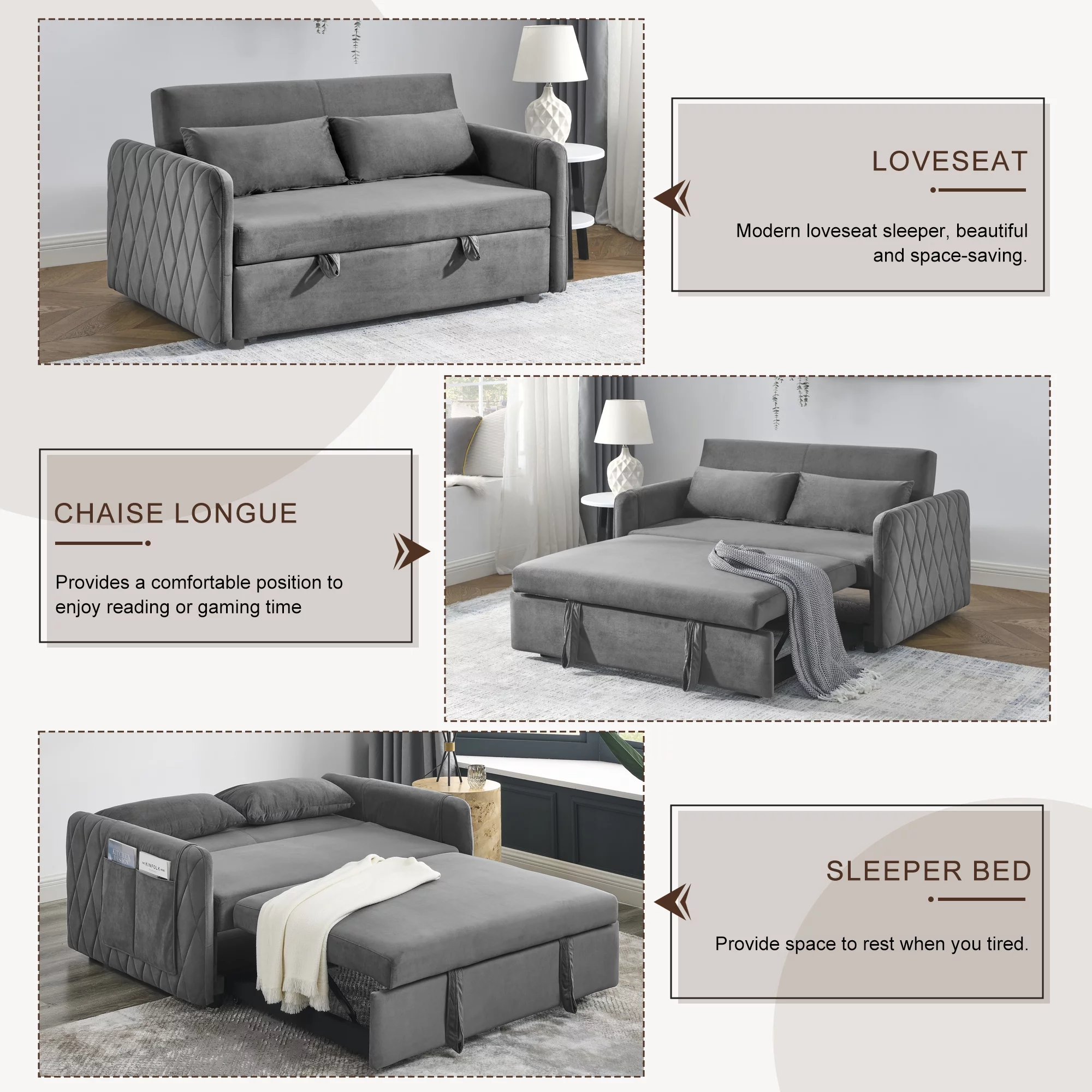 KINFFICT Futon Sofa Bed, Modern 2-Seat Loveseat Sleeper, Pull Out Sofa Bed for Living Room, Gray - Radiant Selections