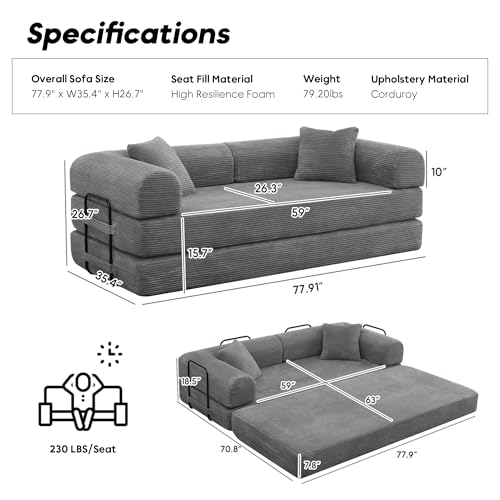 Convertible Sleeper Sofa Bed with Cylindrical Pillow, Corduroy Folding Mattress Couch with Fixed-Shape Frame