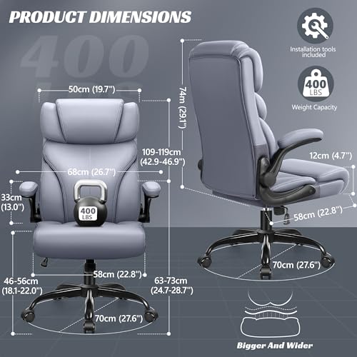 Office Chair, Ergonomic Big and Tall Computer Desk Chairs, Executive Breathable Leather Chair with Adjustable High Back Flip-up Armrests