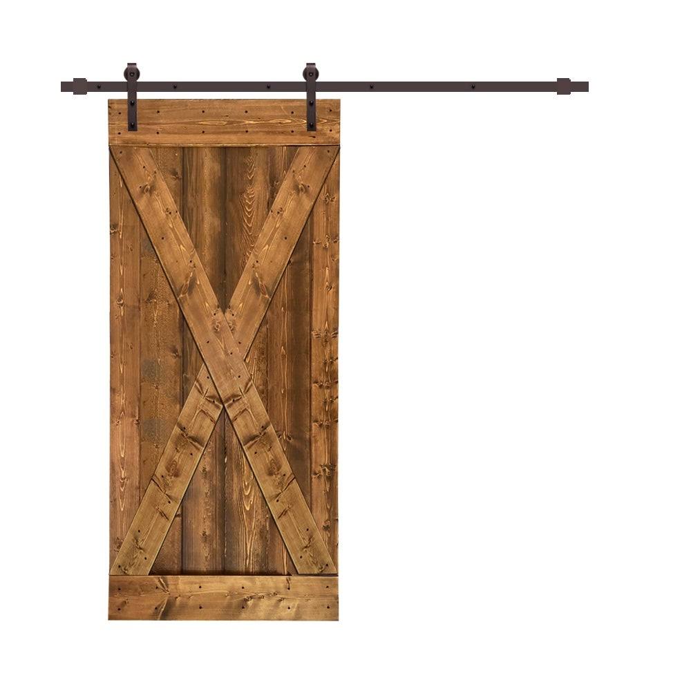 CALHOME x Series 36 in. x 84 in. Pre-Assembled Weather Oak Stained Wood Interior Sliding Barn Door with Hardware Kit