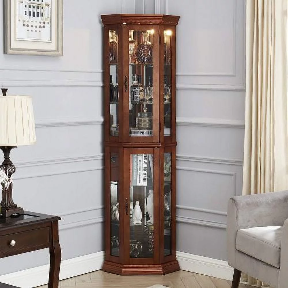 leeheeyee Lighted Tall Corner Cabinet，Wooden Corner storage cabinet with tempered glass door ，two shelf units， for Living Room or Bedroom