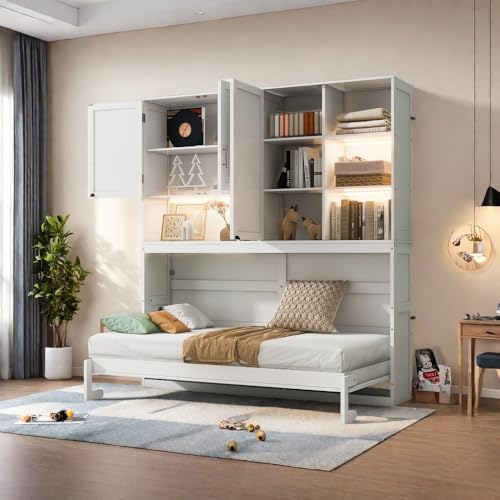 SOFTSEA Twin Size Murphy Bed Frame with Storage Cabinet and Shelves, Foldable Wall Bed with Light & USB for Guest Room, No Box Spring Needed, Gray