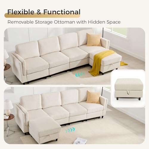 KKL Modular Sectional Sofa Bed with Storage Ottoman, Convertible L/U-Shaped Sleeper Couch for Living Room, Modern Reversible Design, Beige