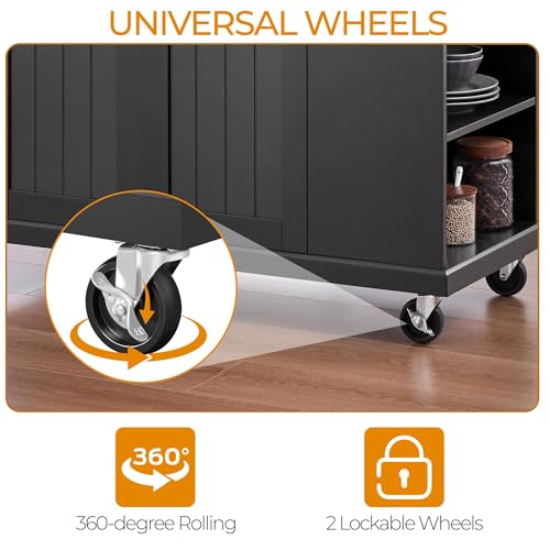 Yaheetech Rolling Kitchen Island Cart with Drop Leaf, Portable Rubberwood Breakfast Bar with Storage Cabinet, Open Shelves & Detachable Towel
