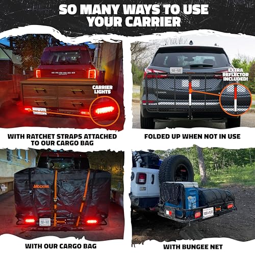 Mockins 16 Cubic Ft. Orange Cargo Carrier Bag & 60"x20"x6" Folding Trailer Hitch Cargo Carrier w/Rear Lights Bundle