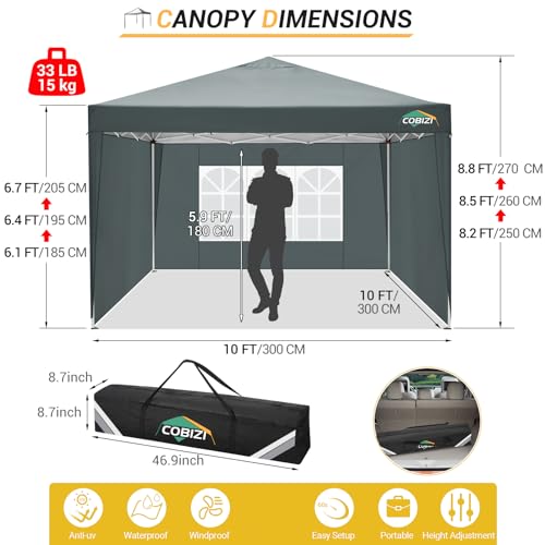 COBIZI 10x10 Pop up Canopy Tent Protable Canopy Tent with 4 Sidewalls Waterproof Commercial Instant Shelter for Parties, Wedding