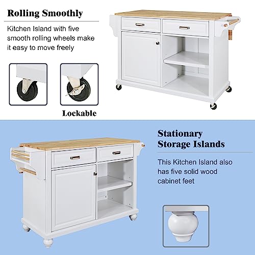 Mobile Kitchen Island on 5 Universal Wheels, Greenguard Gold Certified, Stationary Storage Island with 5 Wood Cabinet Feet