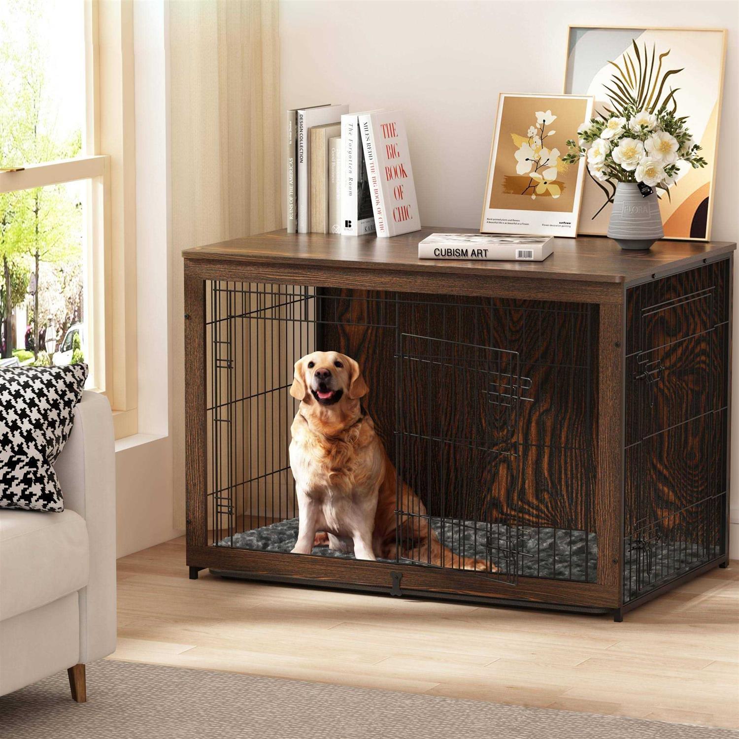 Megidok Wooden Dog Crate Furniture with Cushion Dog Crate End Table with Tray - Pet Supplies online store