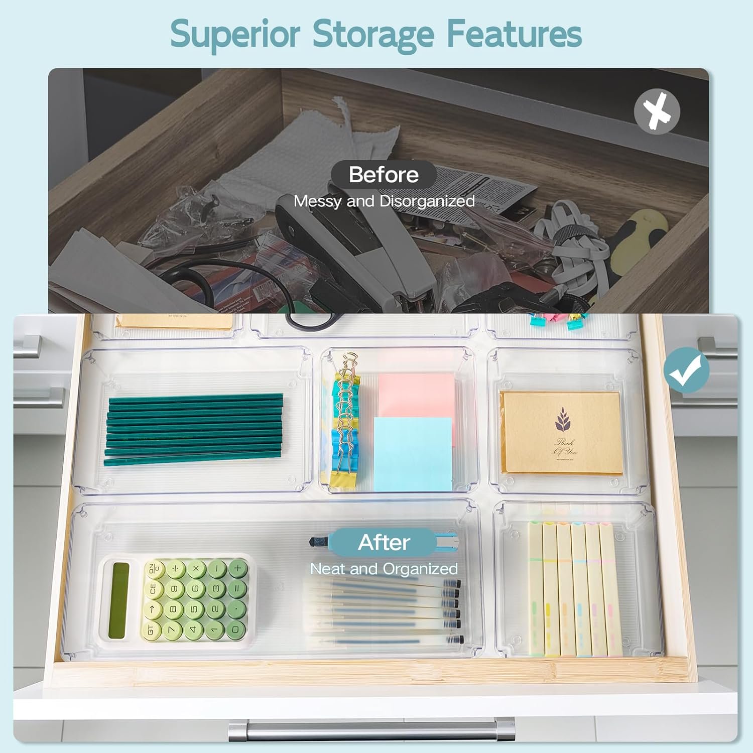 6 Pack Large Clear Plastic Drawer Organizer Trays, Desk Drawer Organizers and Storage Dividers, Non-Slip Storage Bins for Jewelry, Snacks, Office