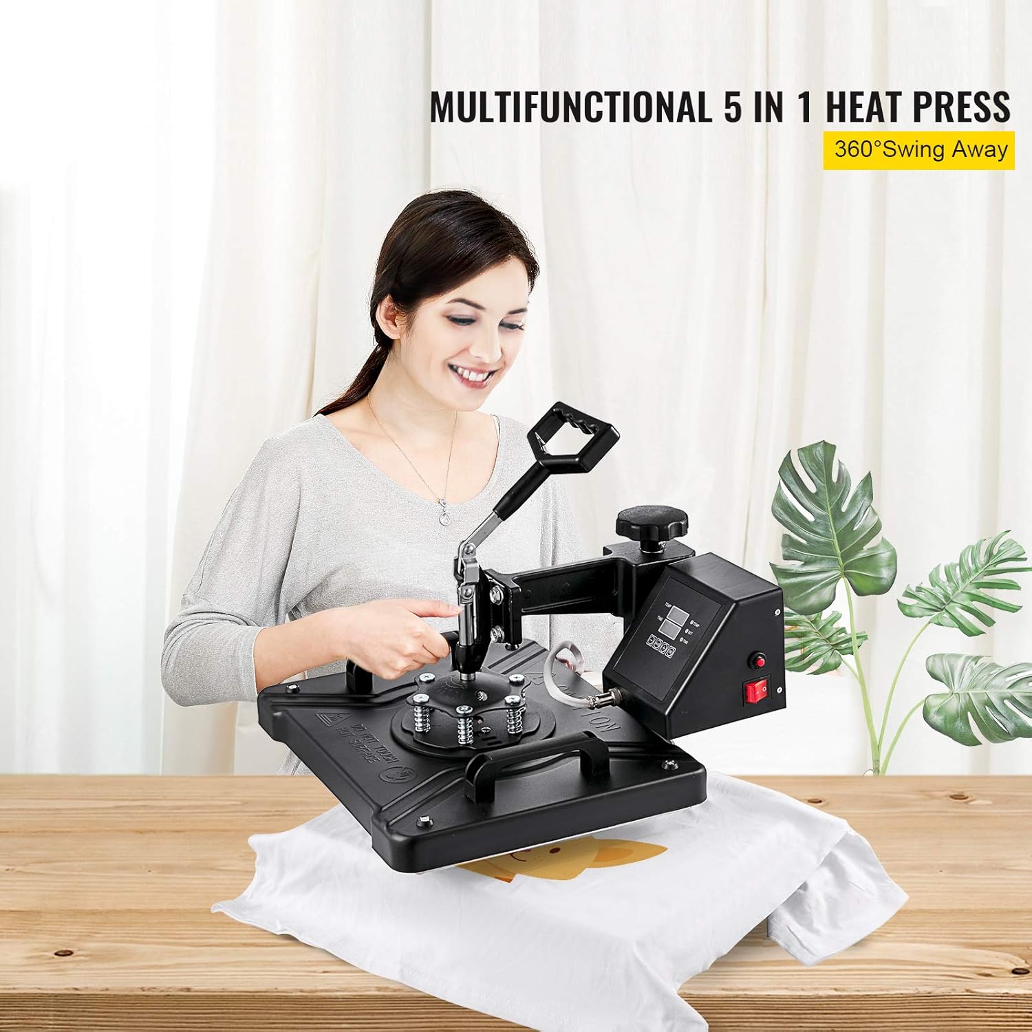 VEVOR Heat Press Machine, 15x15 Inch, 5 in 1 Combo Swing Away T-Shirt Sublimation Transfer Printer with Teflon Coated, Precise Heat Control