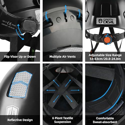 GREEN DEVIL Hard Hat Safety Helmet with Visor Bluetooth Ear Muffs and Headlamp 5 in 1 Full Protection Vented Work Hardhat ANSI Z89.1 Cascos De