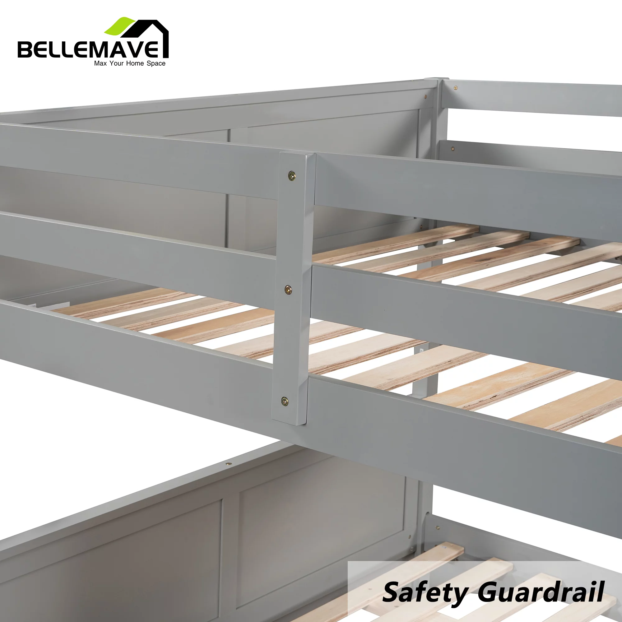 BELLEMAVE Full Over Full Bunk Bed, Wood Bunk Bed Frame with Twin Trundle, Fence Shaped Guardrails, Ladder, Headboard, Convertible into 2 Bed