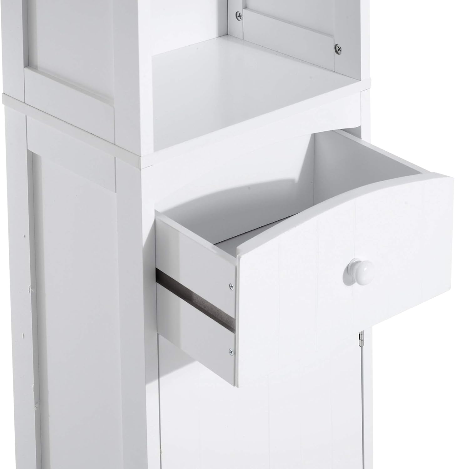 HOMCOM 67 Tall Bathroom Storage Cabinet, Freestanding Linen Tower with 3-Tier Shelf, Drawer and Cupboard, Narrow Side Floor Organizer, White