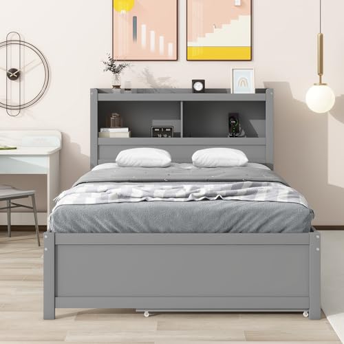Full Size Storage Bed with Bookcase Headboard and Trundle, Wood Platform Bed Frame with Charging Station
