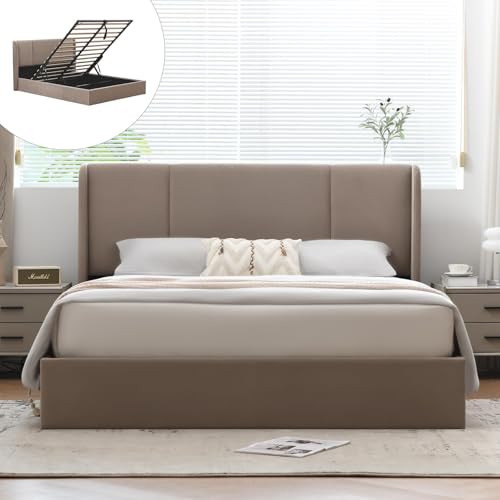 VELOCAVA Queen Size Lift Up Storage Bed with Modern Wingback Headboard, Upholstered Platform Bed with Fabric with Hydraulic Support Bars