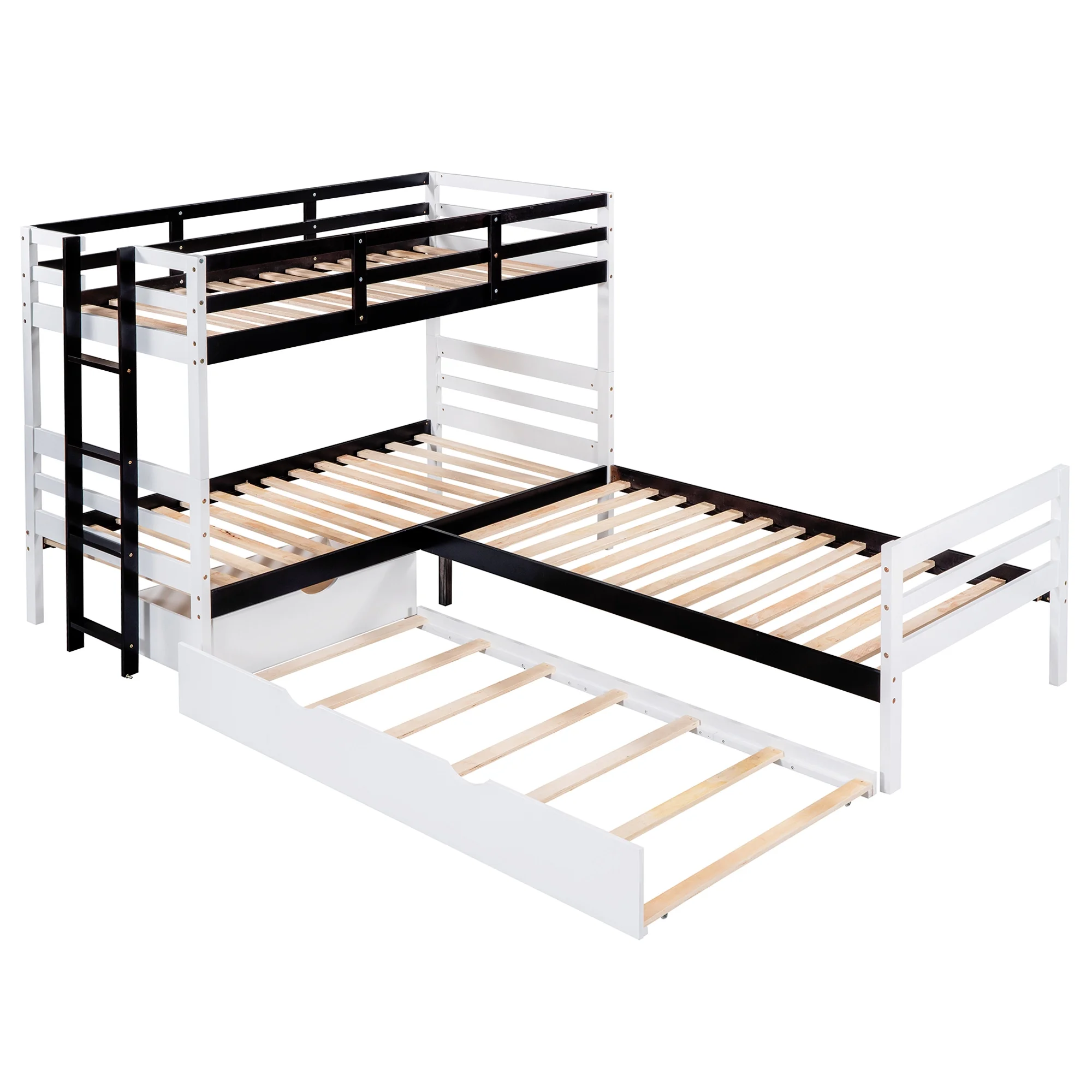 L-Shaped Twin Bunk Bed and Platform Bed with Trundle and Drawer, White - Curated Treasures Market