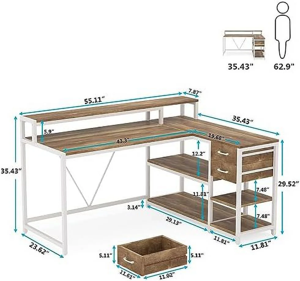 Reversible L Shaped Desk with Drawer  Industrial Corner Desk  Office Table with  Shelves and Monitor Stand  Rustic Wooden and Metal PC Desk for Small