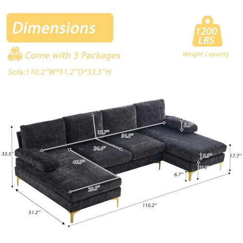 Karl home Convertible Sectional Sofa 110" U-Shape Sofa Couch 4-Seat Couch with Chaise ChenilleFabric Upholstered for Living Room, Apartment, Office