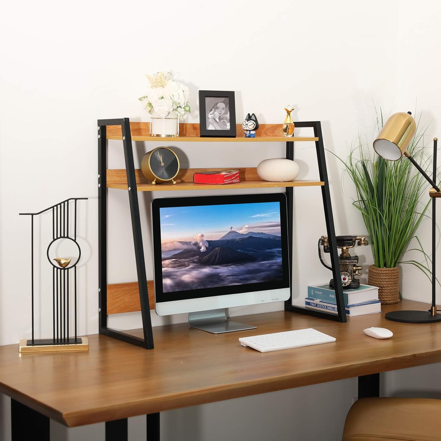 Desktop Bookshelf Wooden Bookcase ,X-cosrack Computer Desk Bookshelf Hutch Storage Organizer Shelves Rack for Office Supplies Organizer