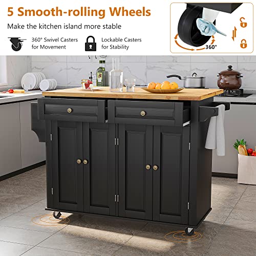 Kitchen Cart with Wood Top and Drop Leaf Breakfast Bar, Rolling Mobile Kitchen Island Table on Wheels with Drawer and Storage Cabinet, Spice Rack
