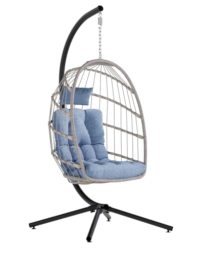SWITTE Egg Chair Outdoor with Stand, Indoor Wicker Hanging Egg Swing Chair with Cushion, 350lbs Capacity for Patio, Bedroom, Garden - Gray
