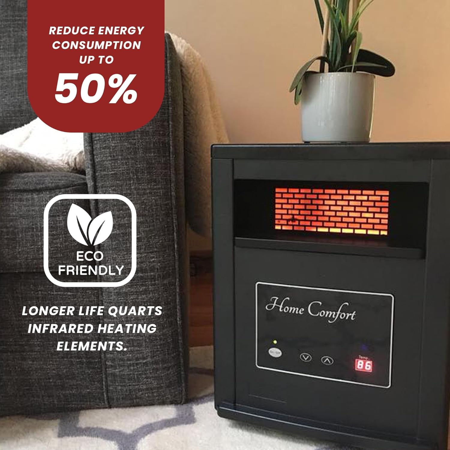 Home Comfort 1500w Infrared Heater - Energy Efficient Space Heater for Year-Round Indoor Warmth, With Thermostat and Remote Control