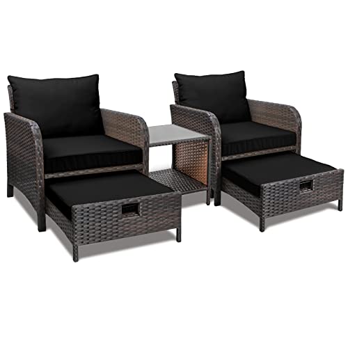 LEVELEVE Balcony Furniture 5 Piece Patio Conversation Set, PE Wicker Rattan Outdoor Lounge Chairs with Soft Cushions 2 Ottoman&Glass Table for Porch