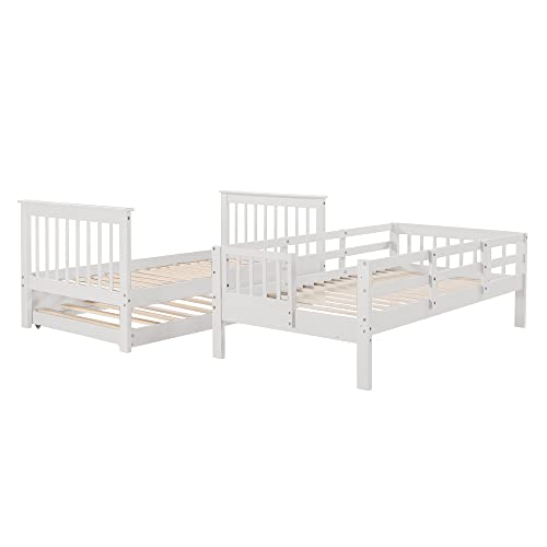 Harper & Bright Designs Twin Over Twin Bunk Bed with Stairs and Trundle, Solid Wood Stairway Bunk Bed Frame with Storage