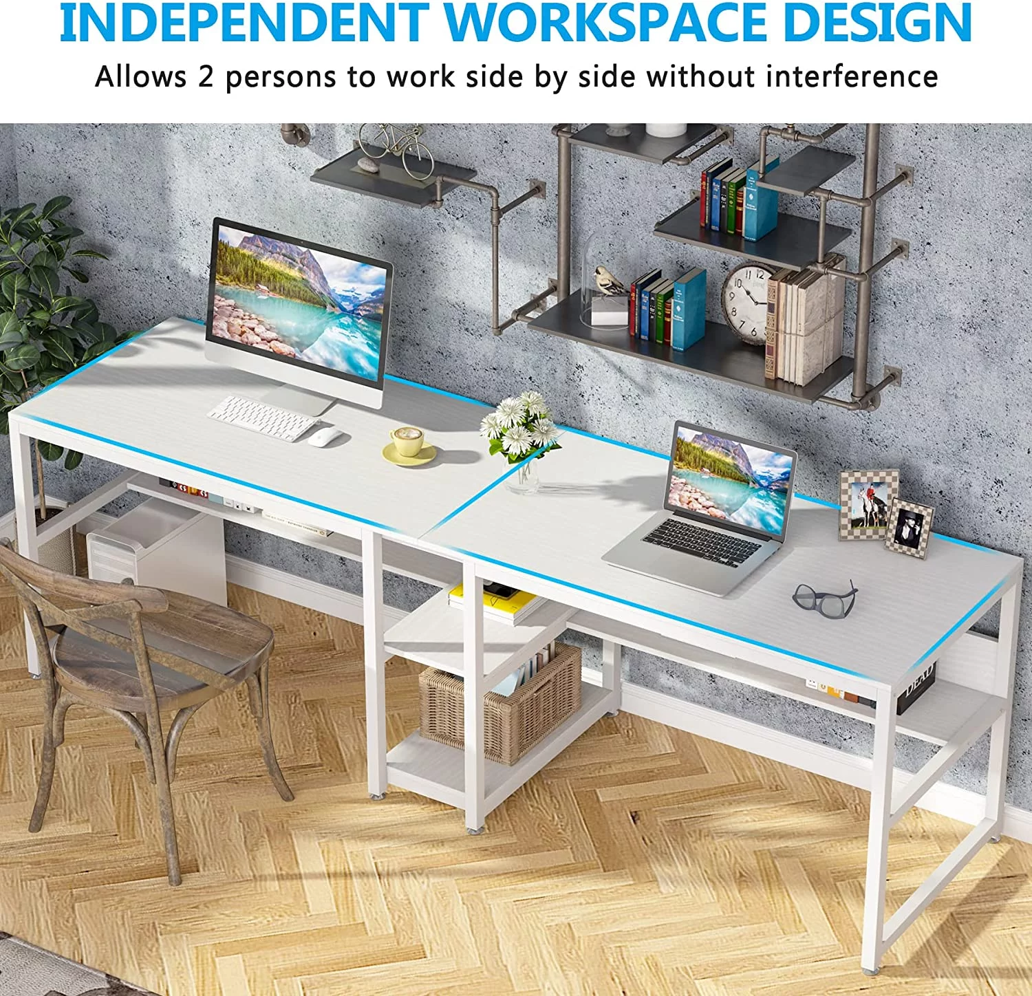 Tribesigns Double Computer Office Desk with 2 Ter Storage Shelf, Modern White Training Table