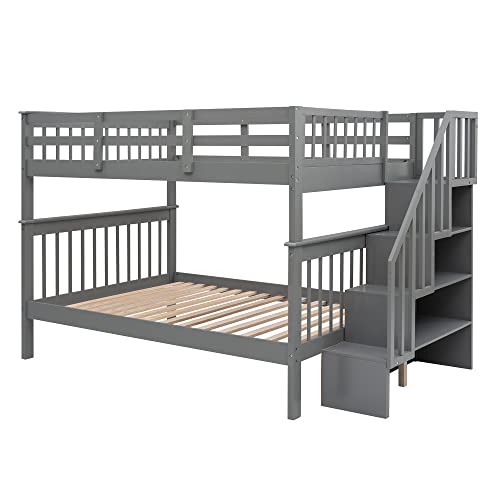 Ball & Cast Full Over Full Bunk Bed with Twin Size Trundle and Built in 4 Drawer,Wood Bunkbed w/Storage Ladder & Slat Support