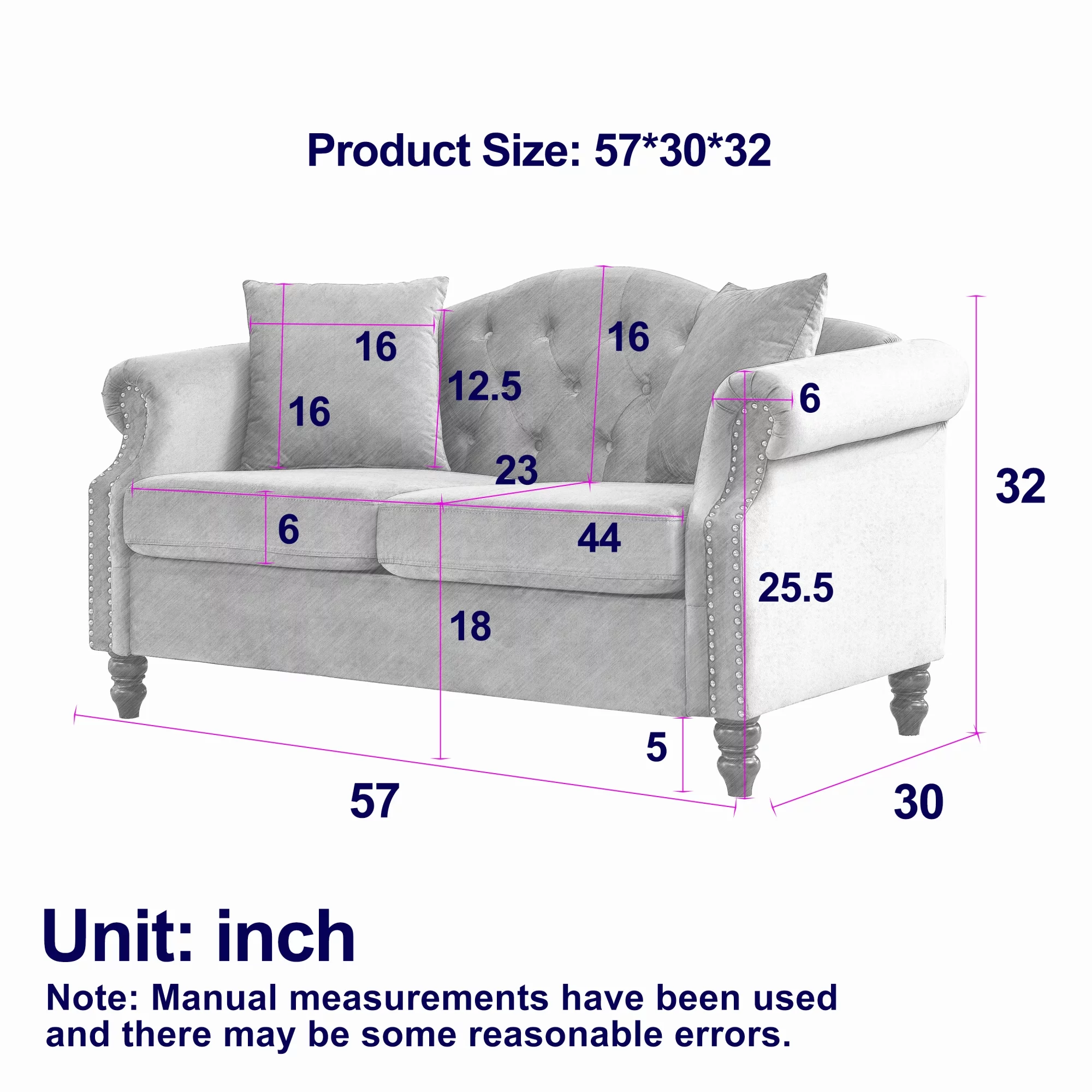 57" Chesterfield Sofa Grey Velvet for Living Room, 2 Seater Sofa Tufted Couch with Rolled Arms and Nailhead for Living Room, Bedroom, Office