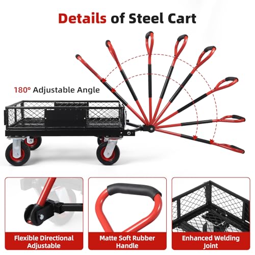 880lbs Steel Garden Dump Cart, Heavy Duty Yard Dump Utility Wagon w Removable Mesh Sides, Utility Metal Wagon w 180° Rotating Handle