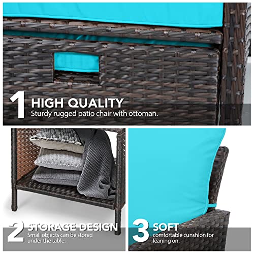 LEVELEVE Balcony Furniture 5 Piece Patio Conversation Set, PE Wicker Rattan Outdoor Lounge Chairs with Soft Cushions 2 Ottoman&Glass Table for Porch