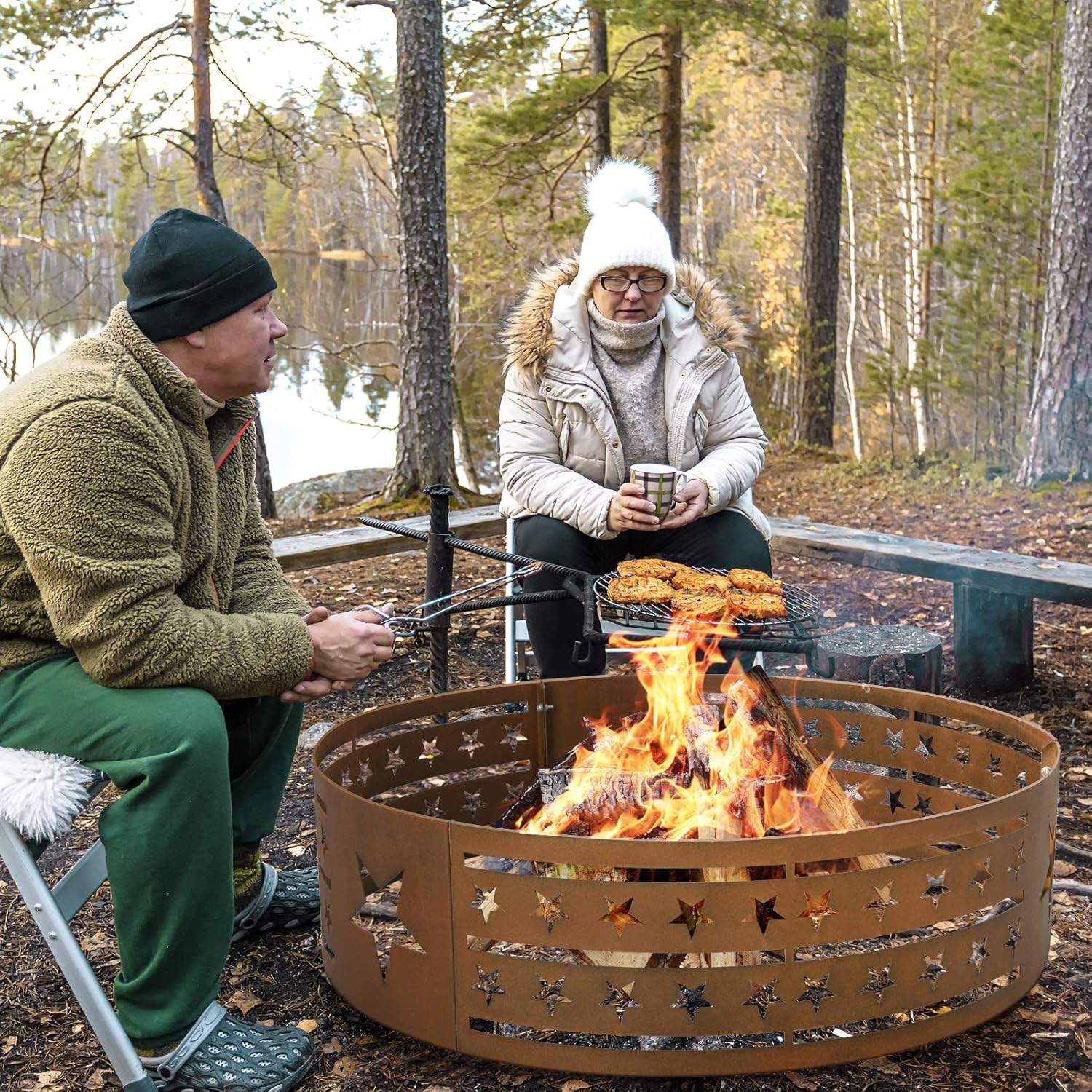 AMAGABELI GARDEN & HOME Fire Pit Outdoor Wood Burning Portable Folding 22in Firepit Firebowl Fireplace Poker Spark Screen Retardant Mesh Lid Deep