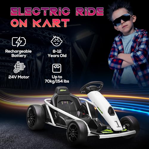 Aosom 24V 8.1 MPH Electric Go Kart, Drifting Car Battery Powered Ride on Toy Outdoor with Slow Start, Music, Horn Honking and Safety Belt