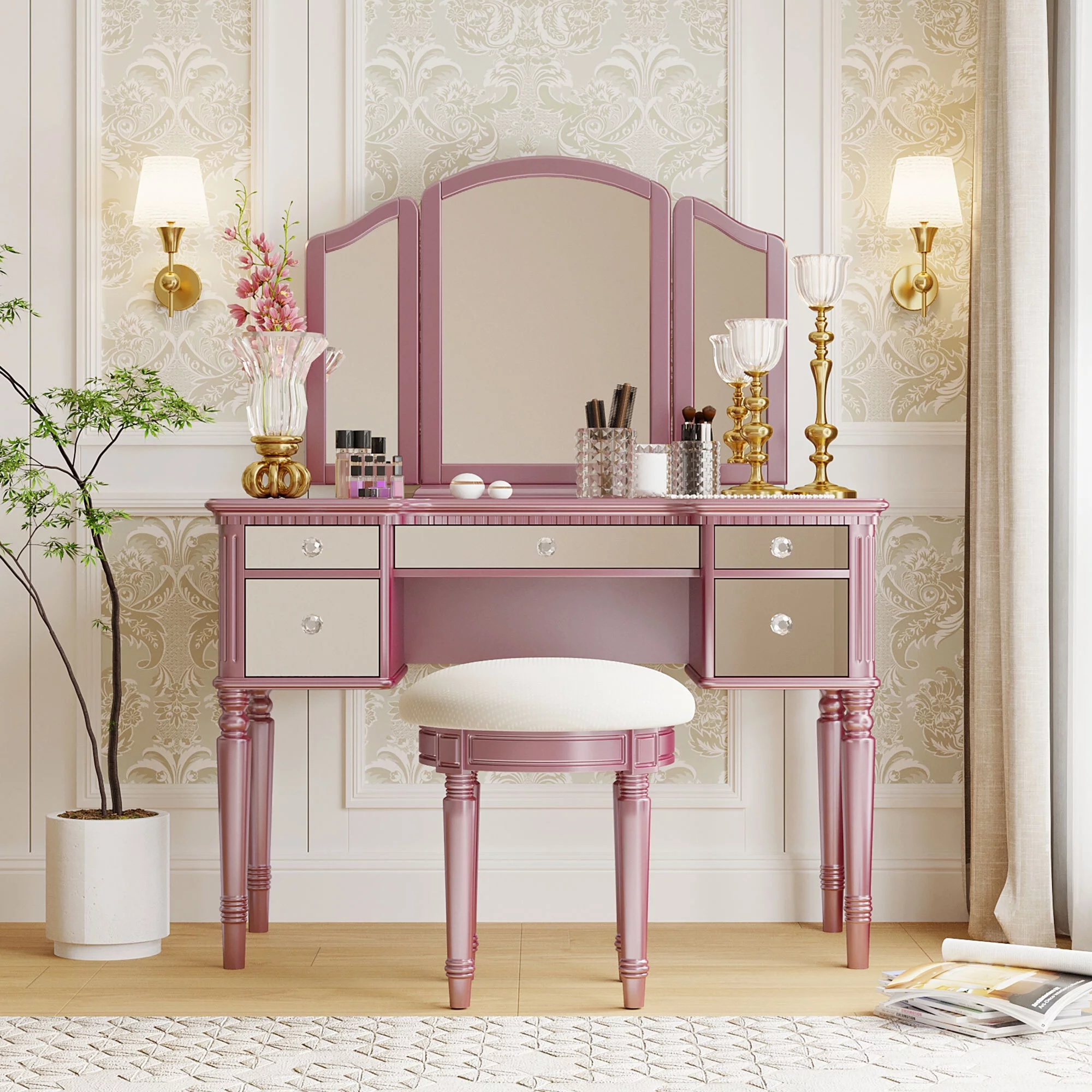 Soges Vanity Set with Tri-Fold Mirror Dressing Table Set with Mirrored Drawers and Stool, Makeup Vanity for Bedroom, Pink