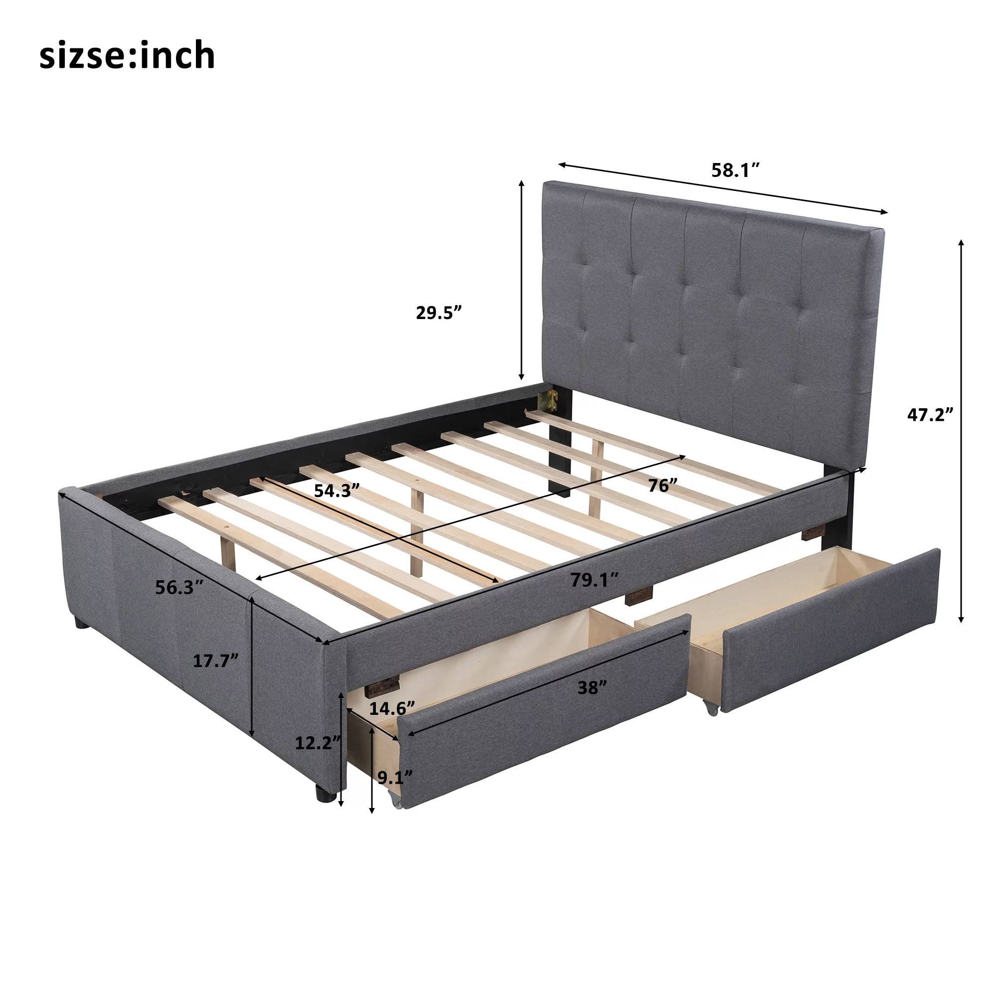 Euroco Upholstered Full Size Platform Bed with 2 Drawers for Kids Room, Solid Wood Daybed for Guests room, Gray