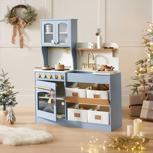 Tiny Land Play Kitchen for Kids with Enhanced Storage – Modern Toddler Kitchen Playset with Stove, Sink & Accessories, Organized Wooden Toy Kitchen