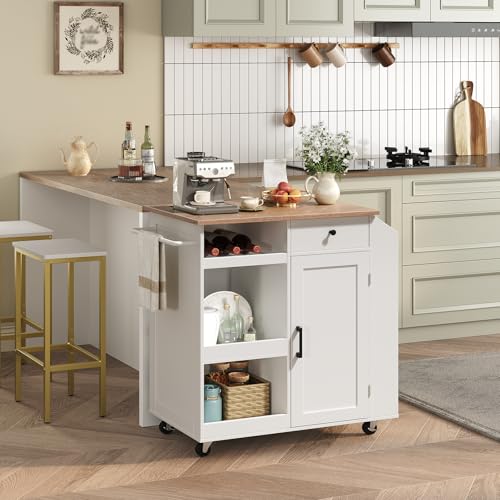 Kitchen Island with Power Outlet, Kitchen Storage Island with Drawer, Rolling Kitchen Cart on Wheels, Spice Rack, Towel Rack, Wine Rack