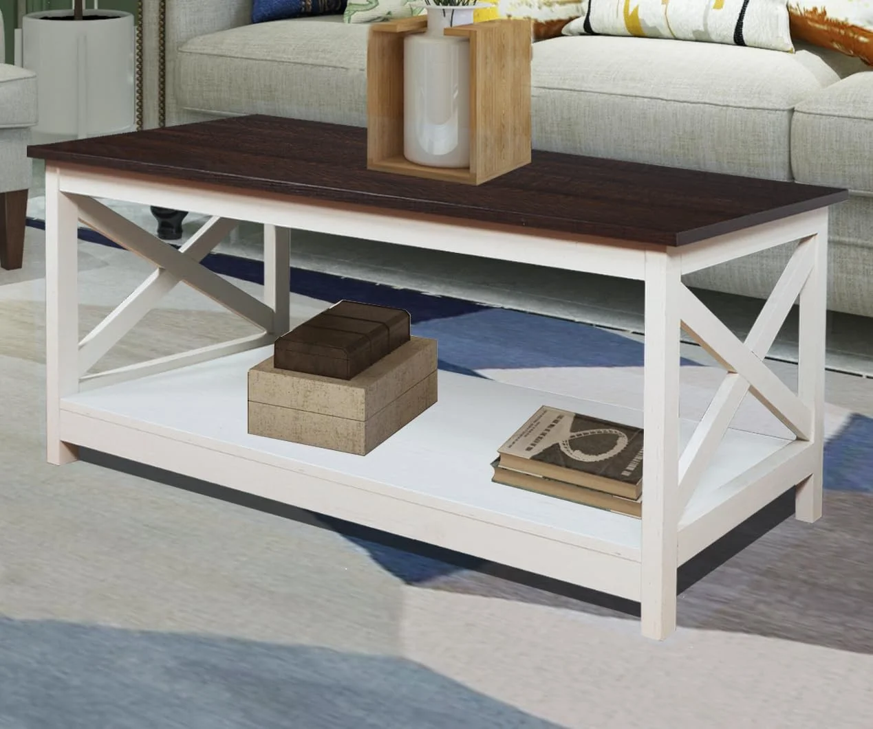 Coffee Table, Modern Farmhouse Wood Coffee Table with 2-Tier Storage, 40 Inch, Vintage White/Espresso
