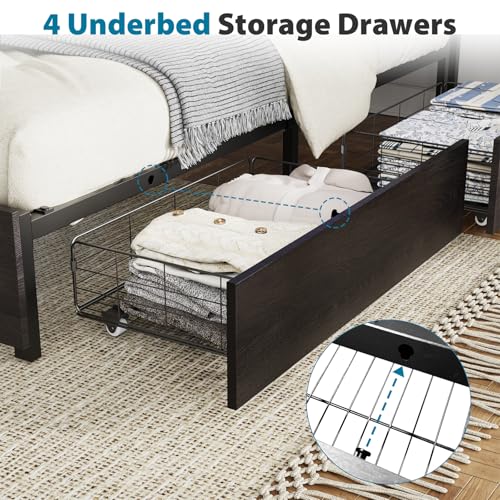 Full Size Bed Frame with Headboard, LED Platform Bed with 4 Storage Drawers, Built in Charging Station, Noise-Free, Metal Support Base