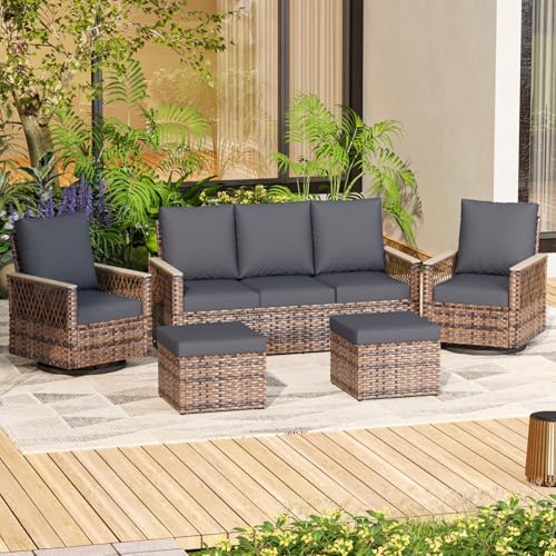 MELLCOM 4 Pieces Patio Furniture Set, Outdoor Wicker Chairs with Ottomans