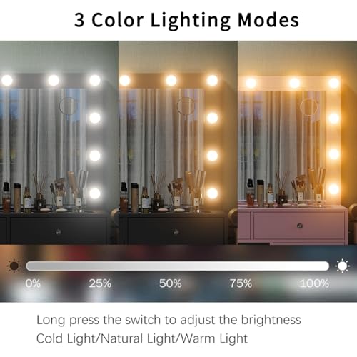 Vanity Desk & Power Outl, Makeup Vanity with Mirror and 12 LED Lights, Makeup Table with 11 Drawers, Vanity Table with Chair