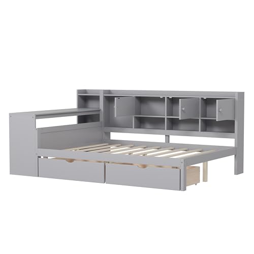 Corner Twin Bed Frame with Bookcase Storage and Desk, Wood Day Beds with 2 Drawers, Twin Size Daybed with Storage for Living Room